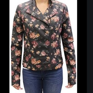 Coffeeshop NY Floral Print Moto Faux Leather Jacket‎ Size M